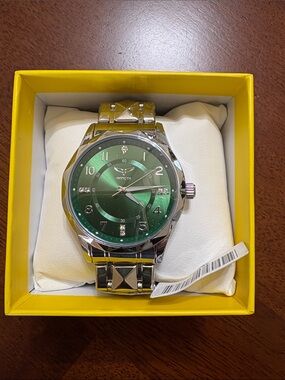 Invicta Silver Watch with Green Sunburst Dial